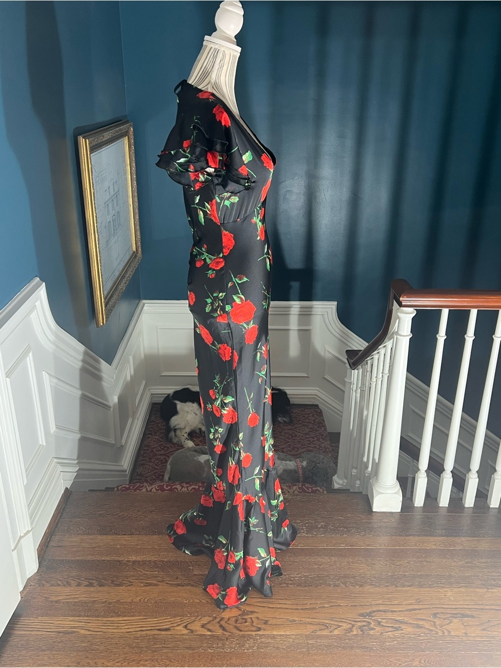 Black Floral V-Neck Mermaid Dress with Red Rose Print mermaid size 6 long D438 - Picture 12 of 14